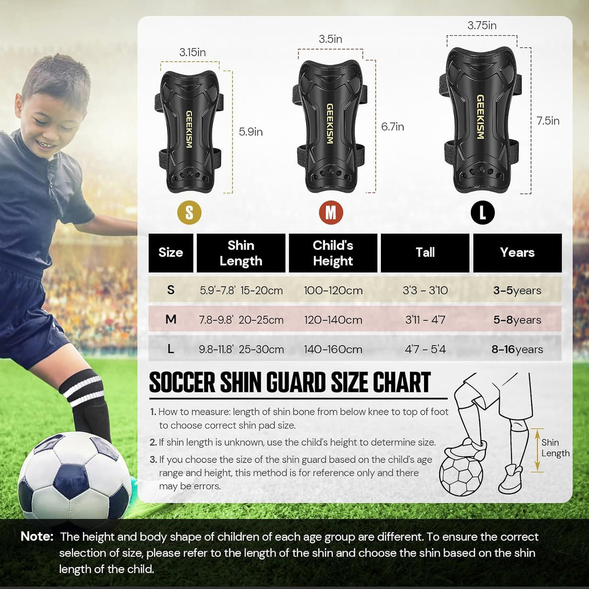 Geekism Youth Football Shin Guards with Socks, Double Strap, Black, Size S — alternate product view
