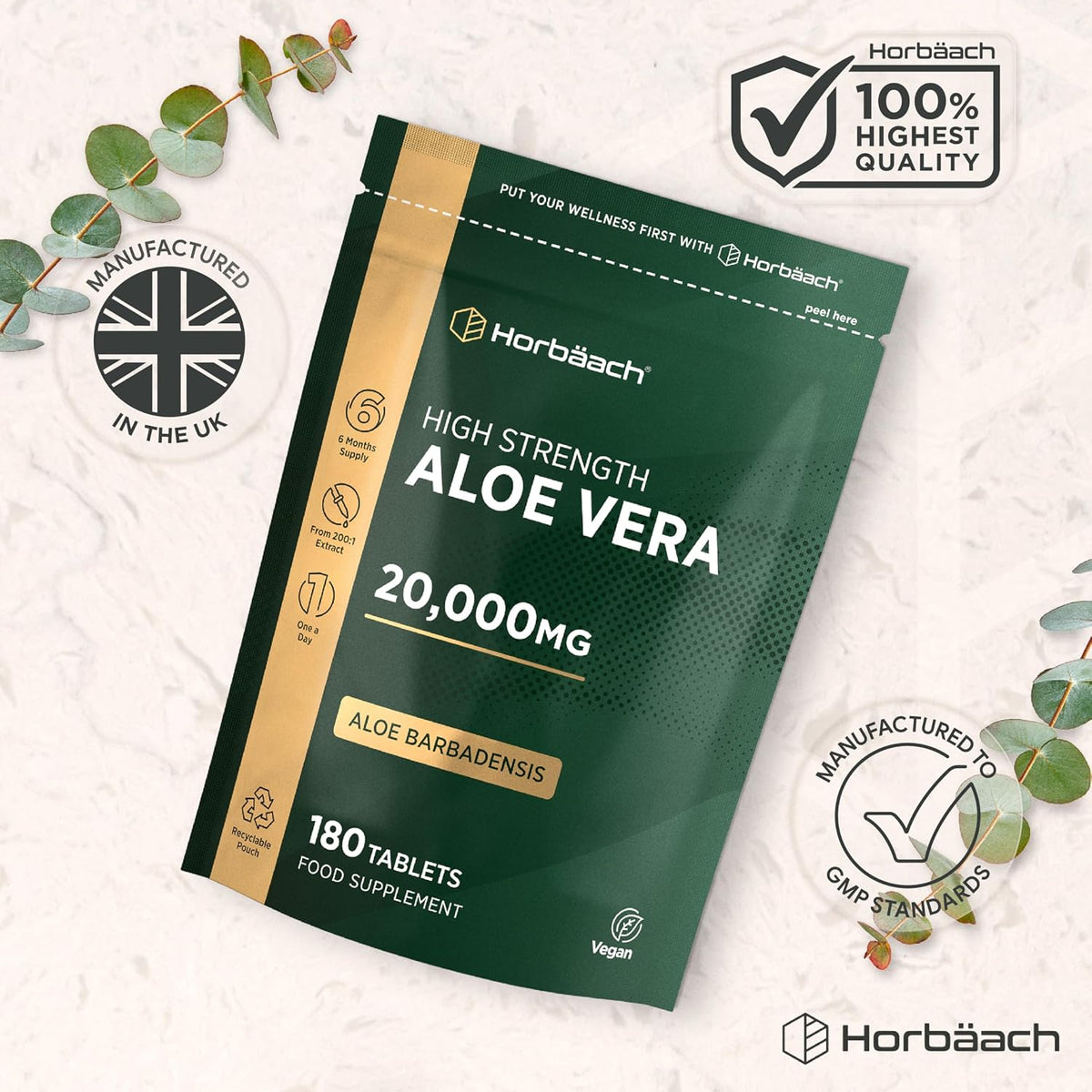 Horbaach Aloe Vera Tablets 20,000mg - 180 Count One-A-Day - view 5