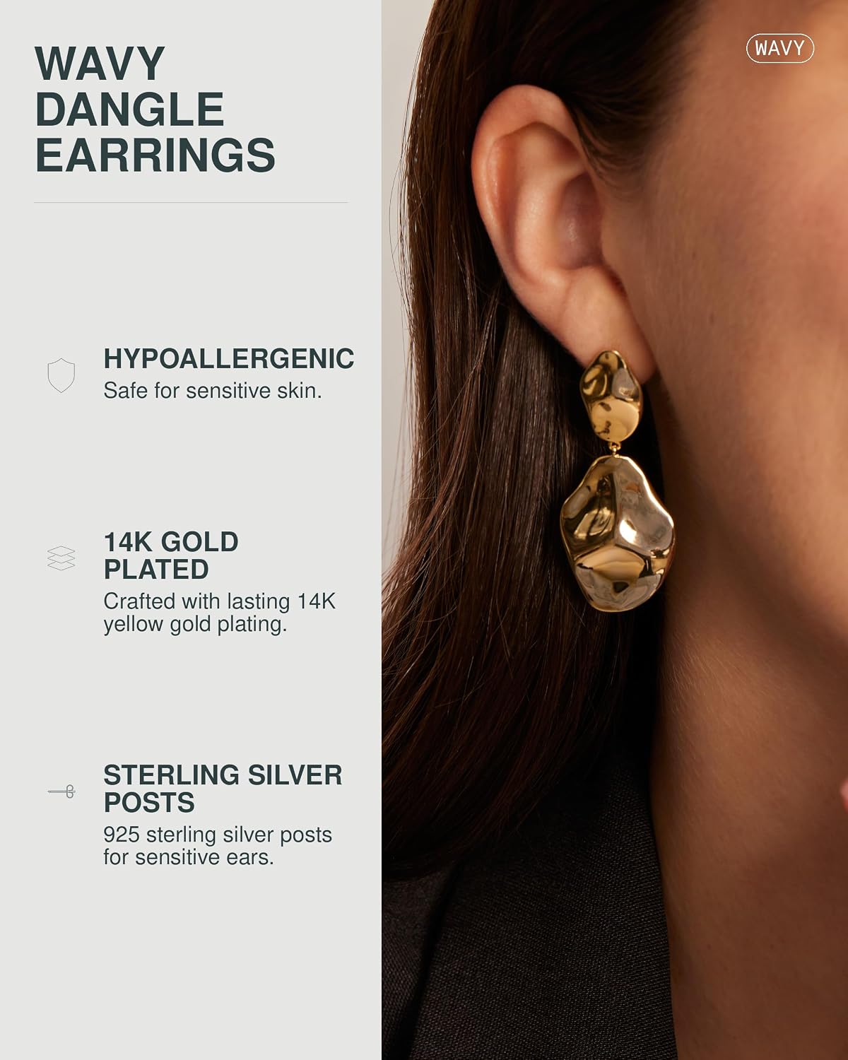 PAVOI 925 Silver Drop Earrings, Yellow Gold, 50 x 21.5 mm — alternate product view