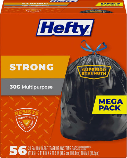 Hefty Strong 30 Gallon Black Bin Bags, Drawstring, Unscented, 56 Count