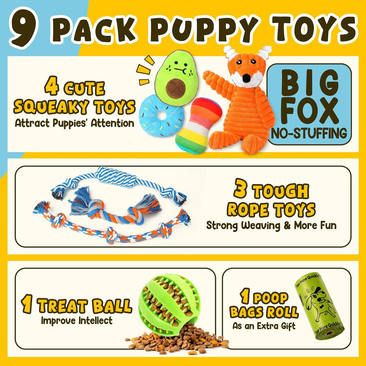 Zeaxuie 9 Pack Puppy Toys for Teething Small Dogs, Squeaky, Rope and Treat Ball - view 2