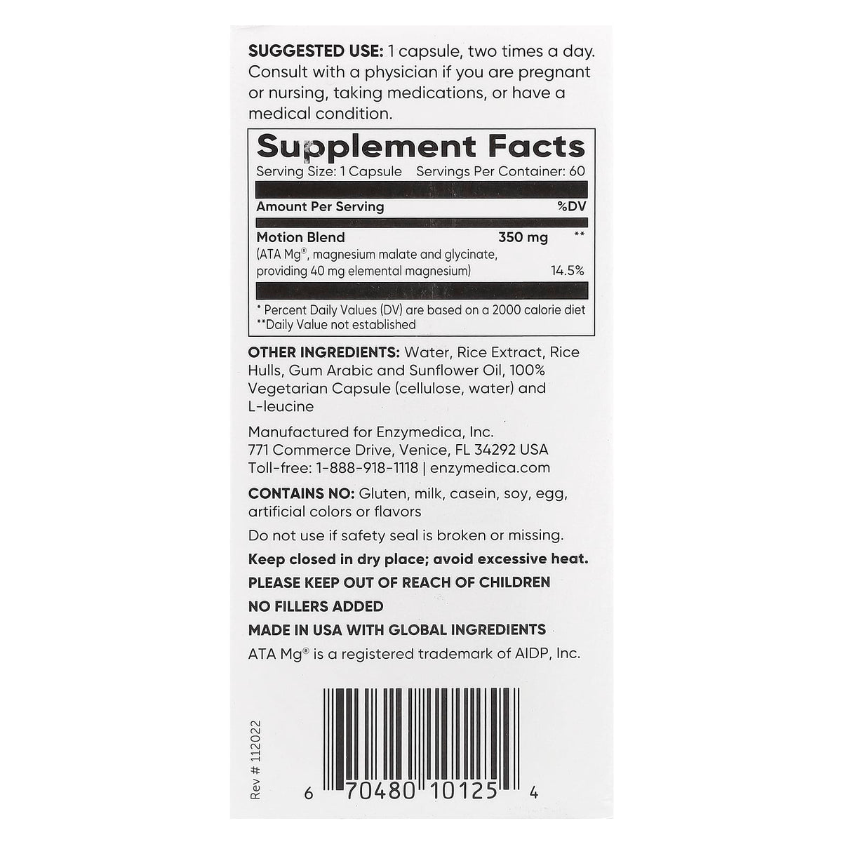 Enzymedica Magnesium Motion, 60 Capsules (350 mg per Capsule) — alternate product view