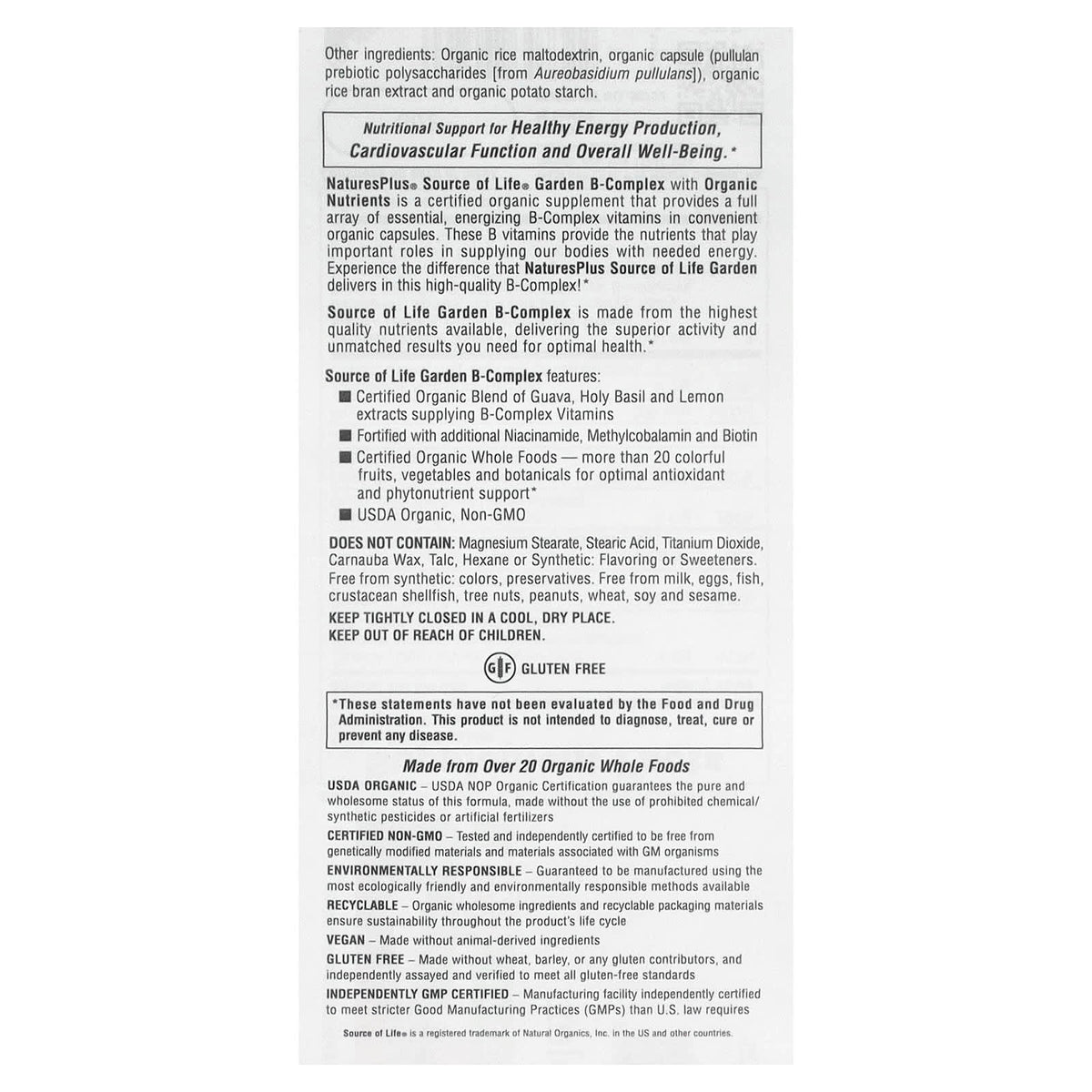 NaturesPlus Source of Life Garden Organic B-Complex, 60 Vegan Capsules - view 3
