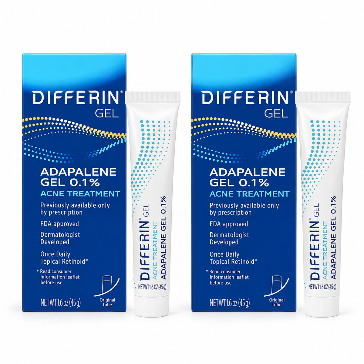 Differin Adapalene Gel 0.1% Acne Treatment 45g Pack of 2 - Two tubes and boxes side by side