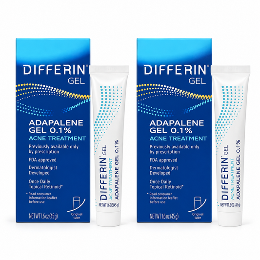 Differin Adapalene Gel 0.1% Acne Treatment 45g Pack of 2 - Two tubes and boxes side by side