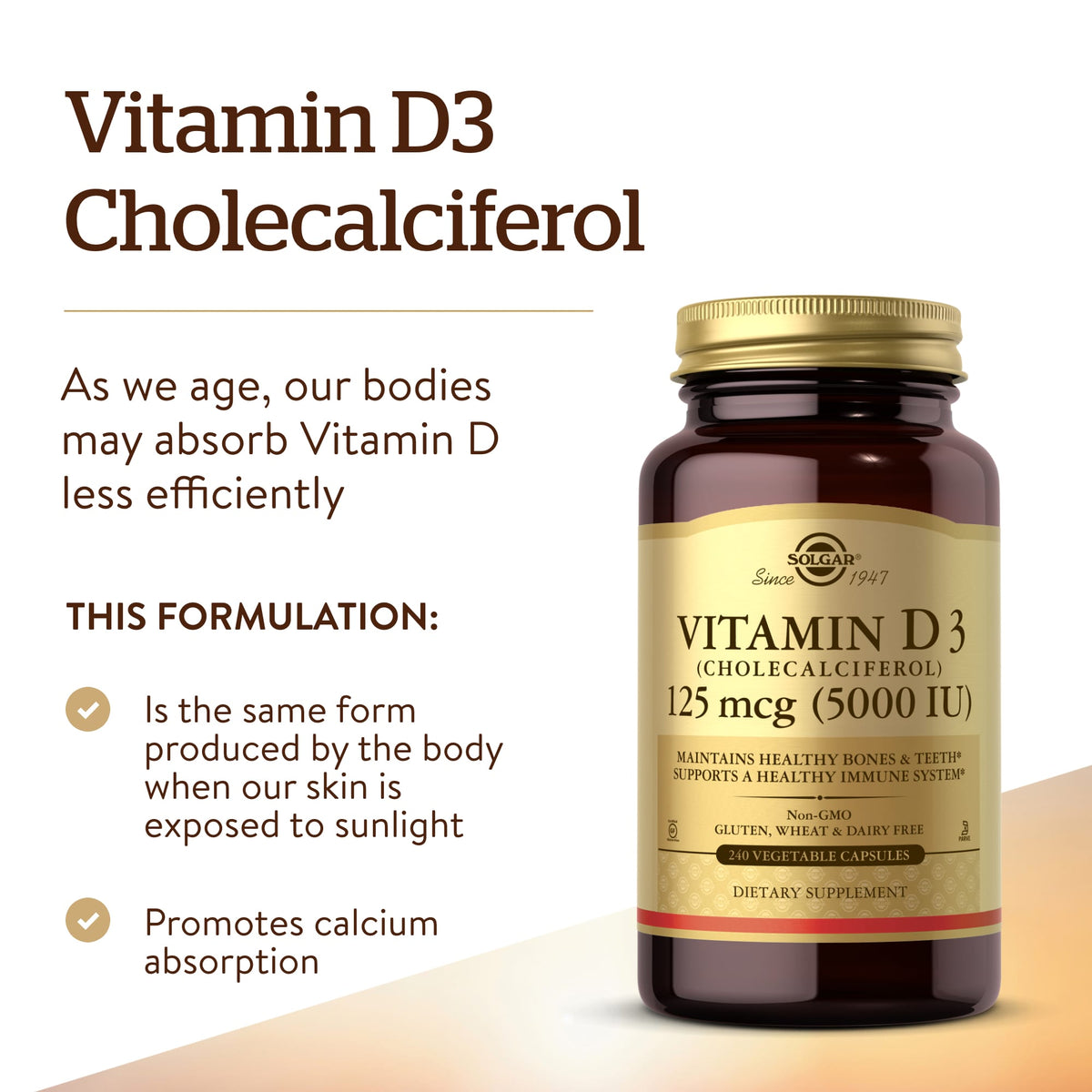 Solgar Vitamin D3 (Cholecalciferol), 125 mcg (5,000 IU), 240 Vegetable Capsules - view 5