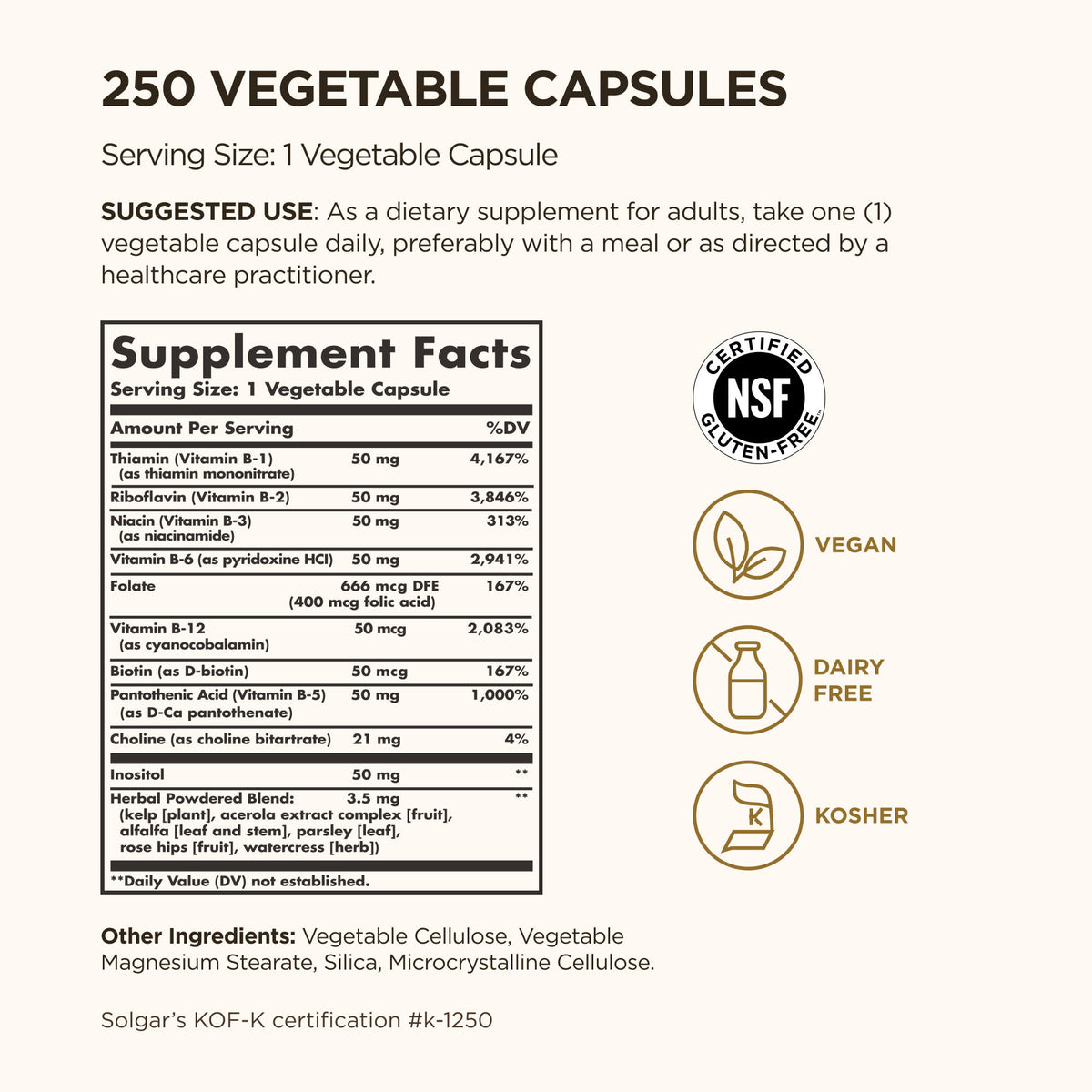 Solgar B-Complex "50", 250 Vegetable Capsules - view 3