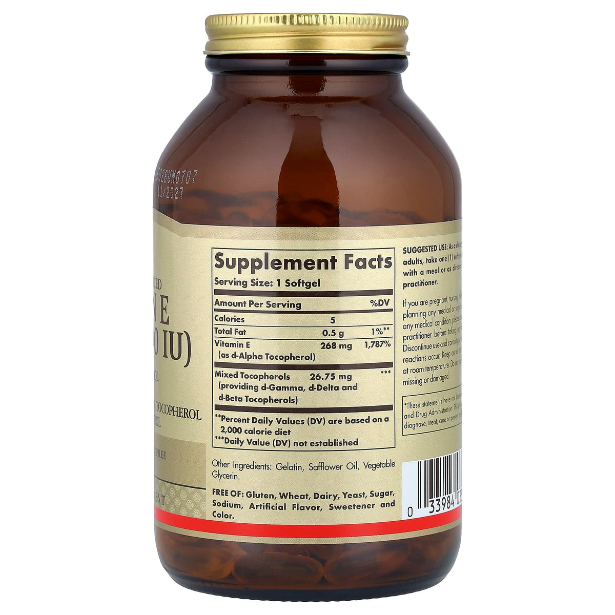Solgar Vitamin E Naturally Sourced, 268 mg (400 IU), 250 Softgels — alternate product view