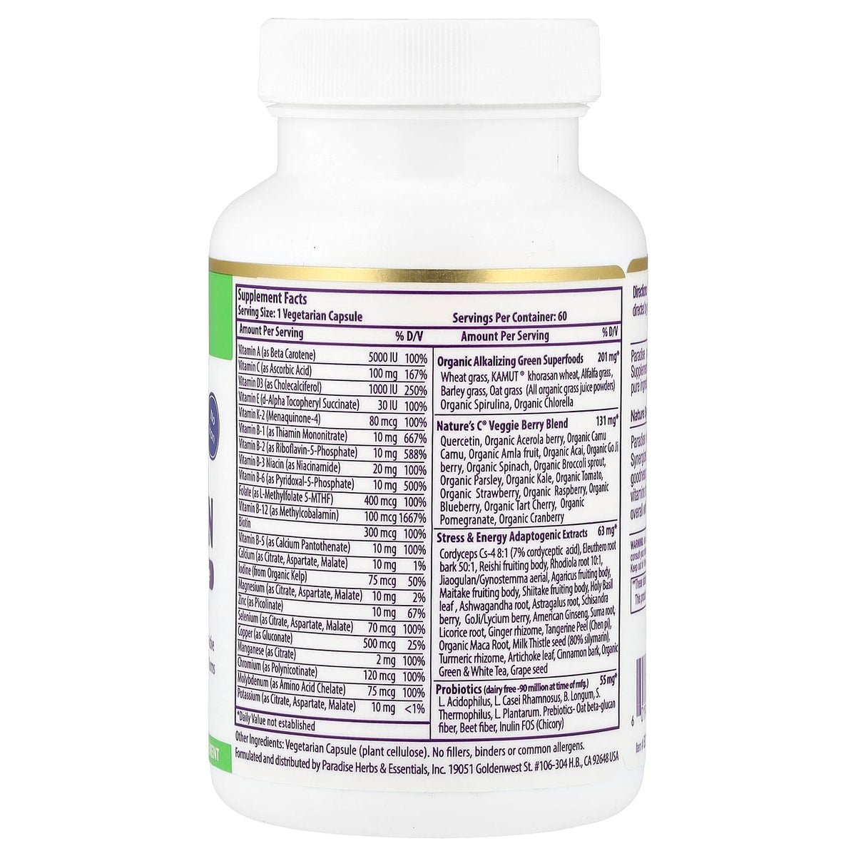 Paradise Herbs Earth's Blend One Daily Superfood Multi, No Iron, 60 Capsules — alternate product view