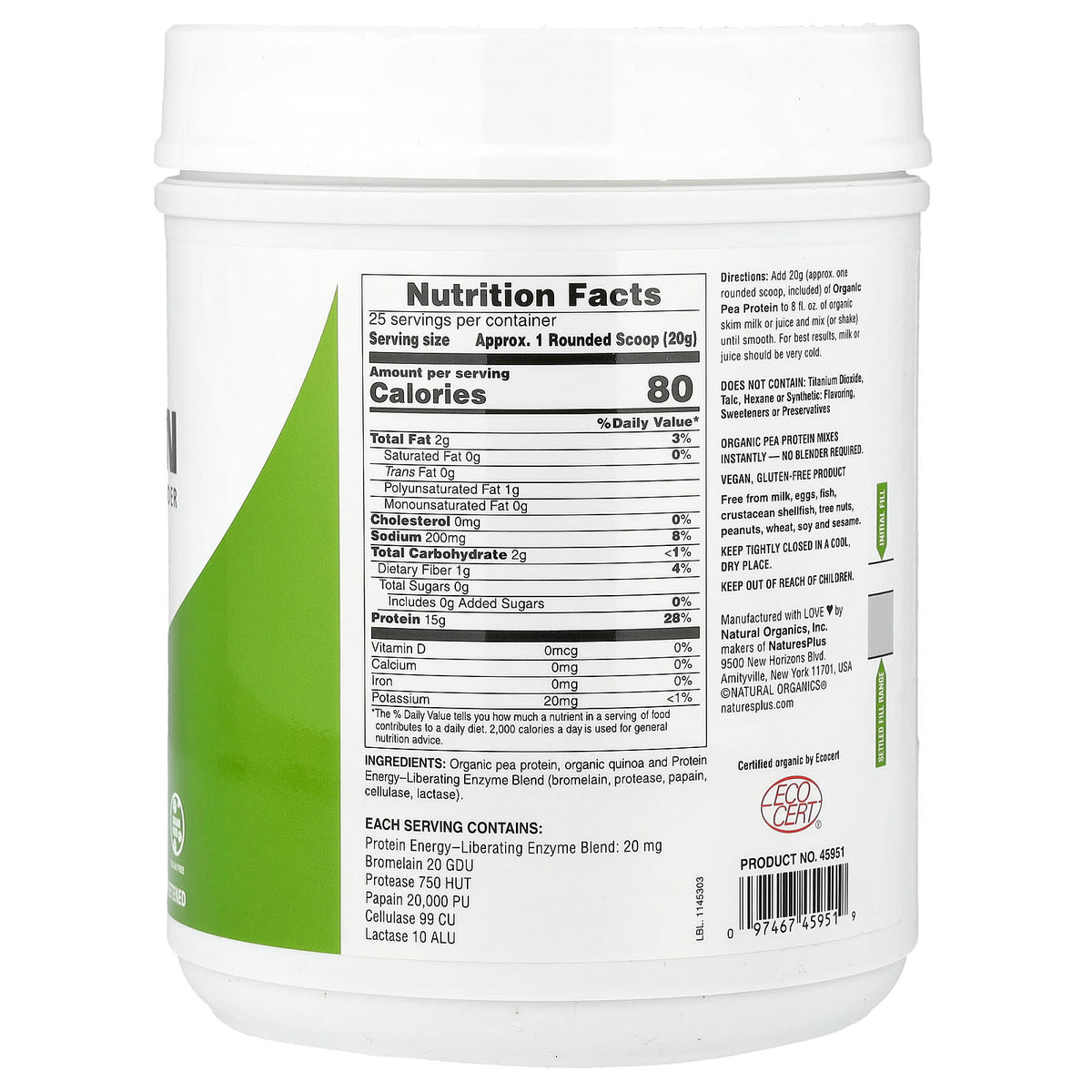 NaturesPlus Pea Protein, Unflavoured, 500 g (1.1 lb) - view 2