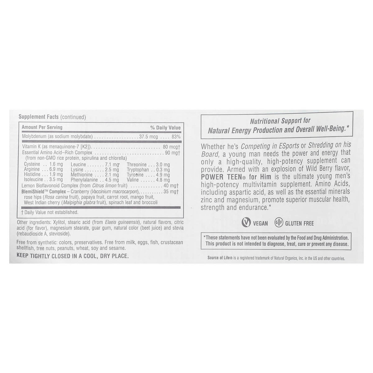 NaturesPlus Source of Life Power Teen for Him, Wild Berry, 60 Chewable Tablets - view 3