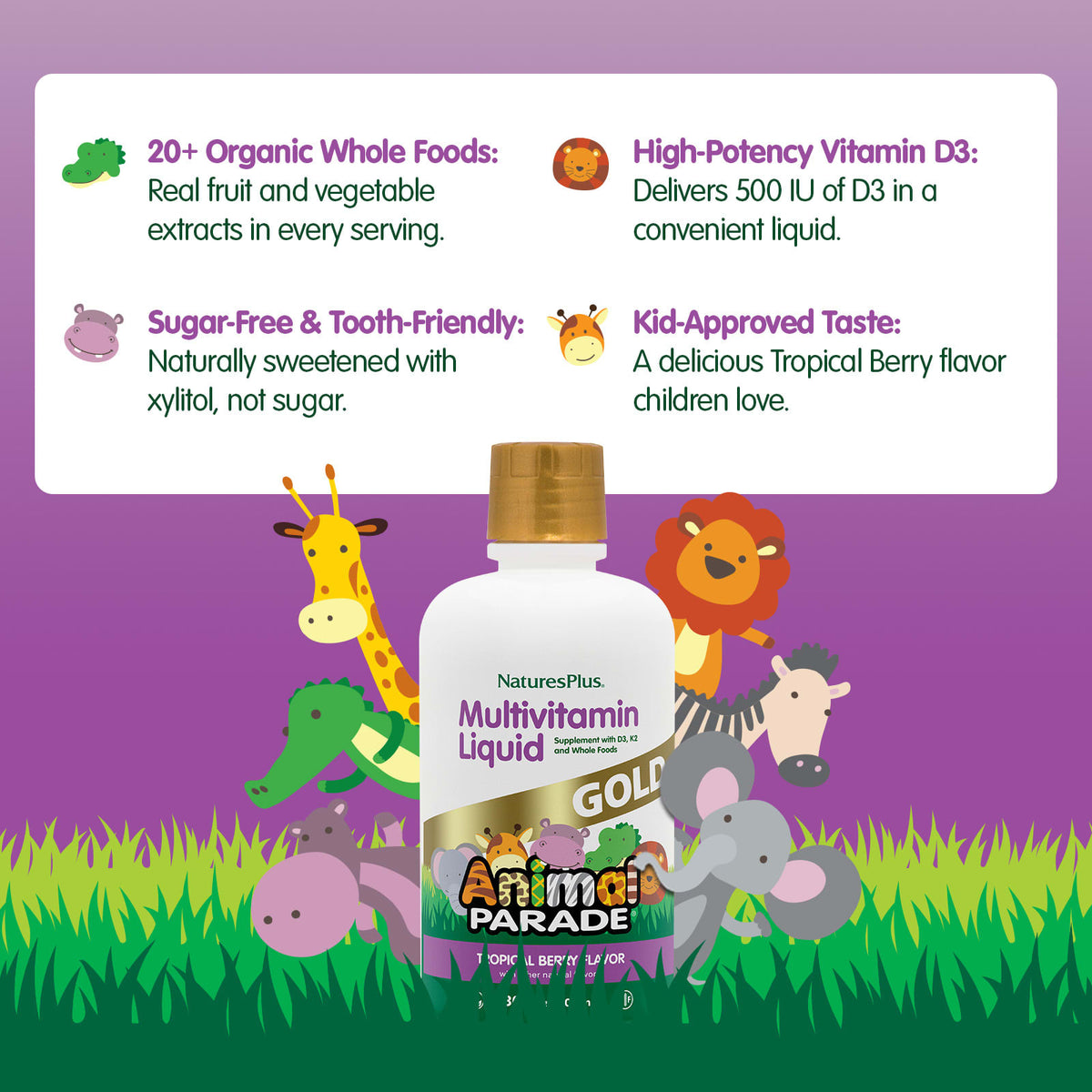 NaturesPlus Animal Parade Gold Multi Liquid, Tropical Berry, 900 ml (30 fl oz) - view 4