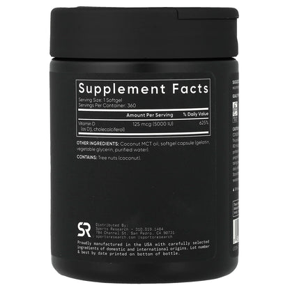 Sports Research Vitamin D3 125 mcg (5,000 IU), 360 Softgels - view 2