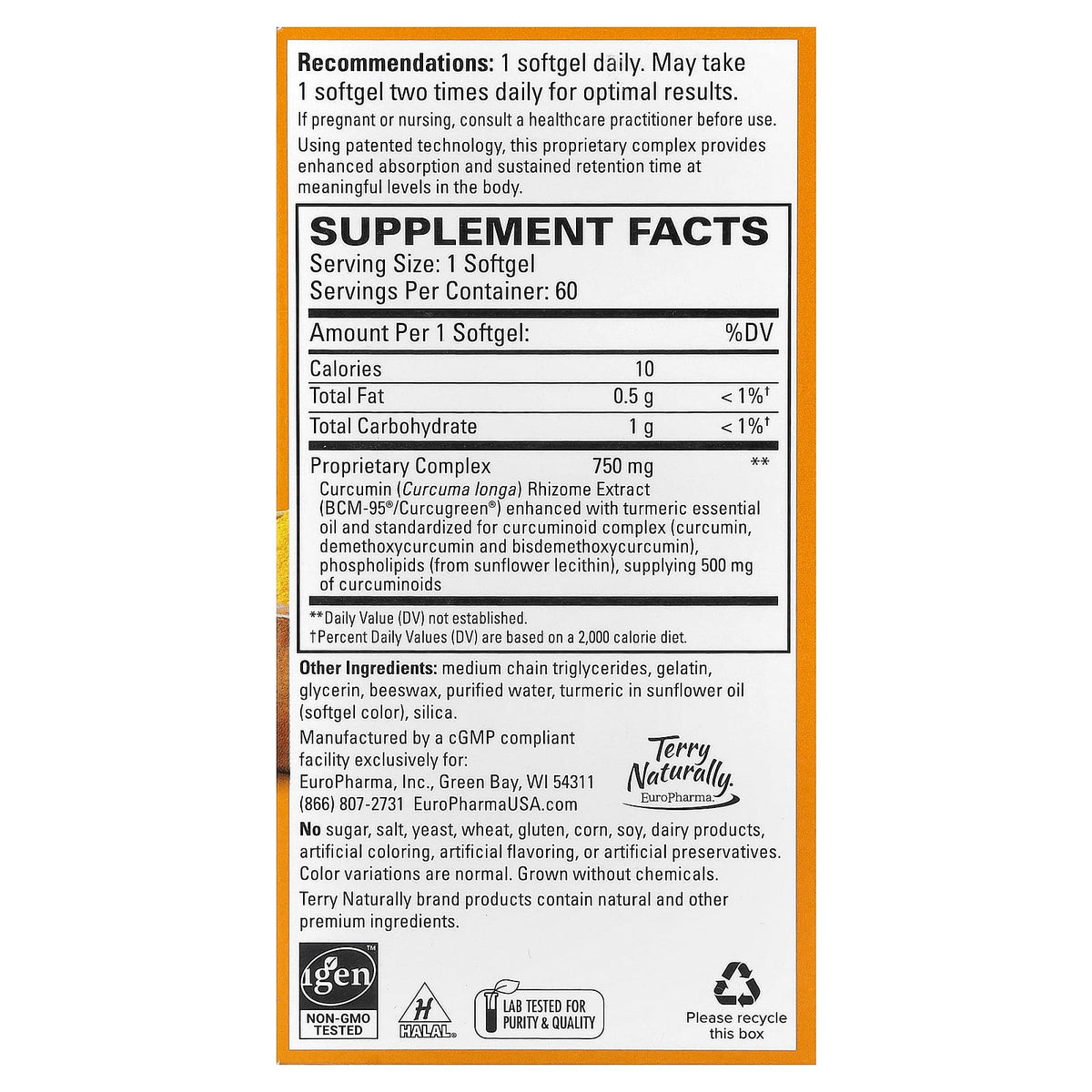Terry Naturally CuraMed Curcumin, 750 mg, 60 Softgels — alternate product view