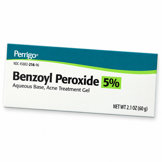 Perrigo Benzoyl Peroxide Gel 5% carton on a plain white background