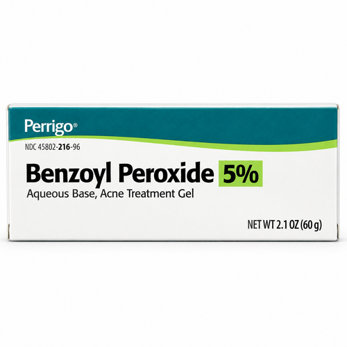 Perrigo Benzoyl Peroxide Gel 5% carton photographed on white