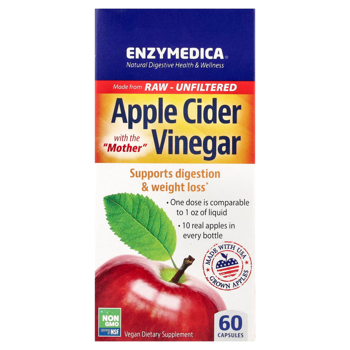 Enzymedica Apple Cider Vinegar with the Mother, 60 Capsules (355 mg Each)