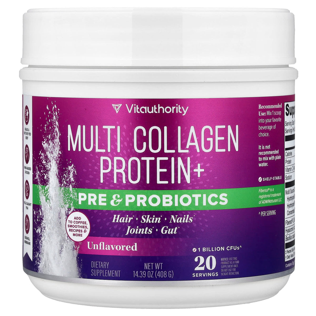 Vitauthority Multi Collagen Protein+ Pre & Probiotics, Unflavoured, 408 g