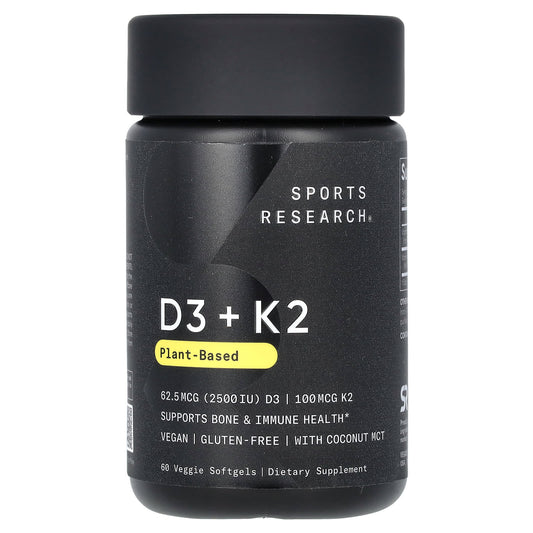 Sports Research D3 + K2 Plant-Based, 62.5 mcg/100 mcg, 60 Veggie Softgels