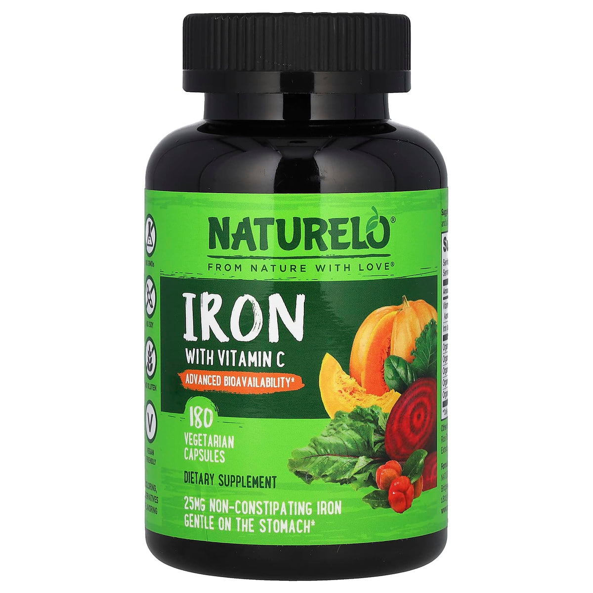 NATURELO Iron with Vitamin C, 180 Vegetarian Capsules