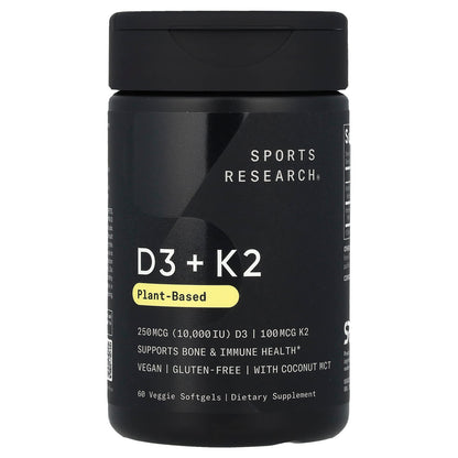 Sports Research Plant-Based D3 + K2 250 mcg/100 mcg, 60 Veggie Softgels