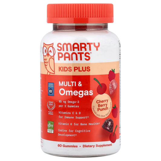 SmartyPants Kids Plus Multi & Omegas Gummies, Cherry Berry Punch, 60 Gummies