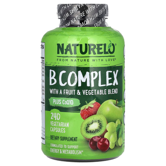 NATURELO B Complex with Fruit & Vegetable Blend + CoQ10, 240 Vegetarian Capsules