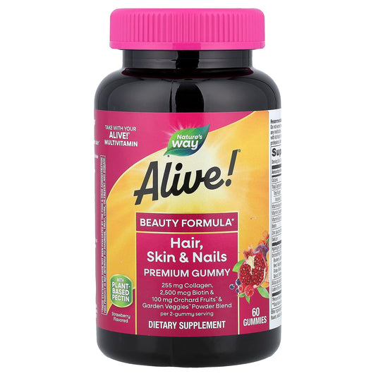 Nature's Way Alive! Hair, Skin & Nails Premium Gummy, Strawberry, 60 Gummies