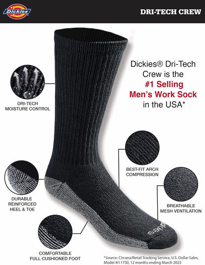 Dickies Men's Dri-Tech Crew Socks, Black, Medium, 6 Pairs - view 3