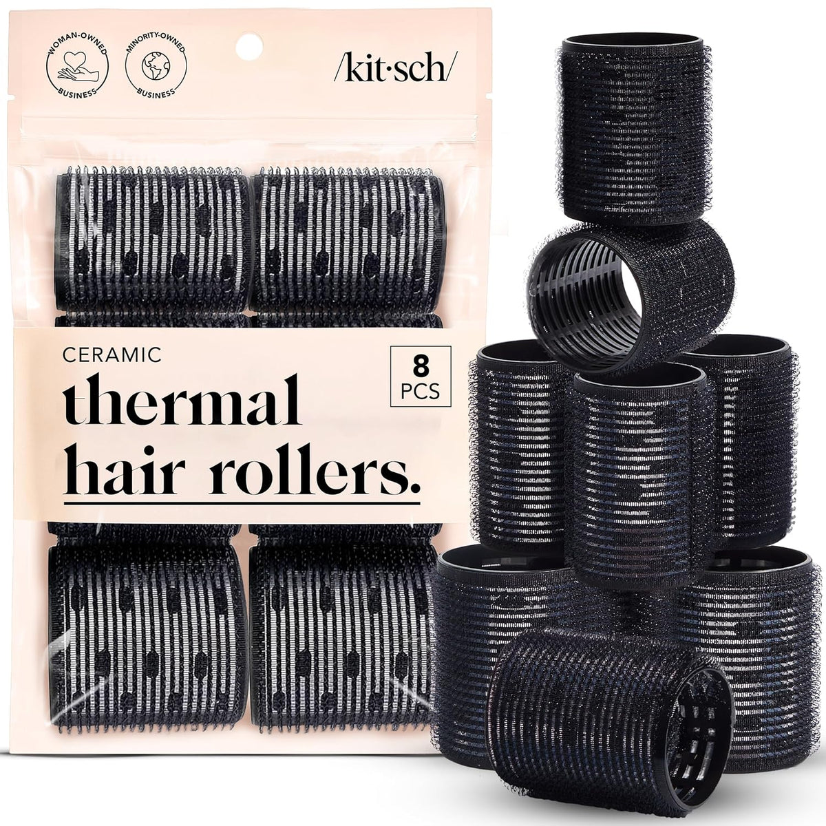 Kitsch Ceramic Hair Rollers for Women, Black, 8 Count — product view