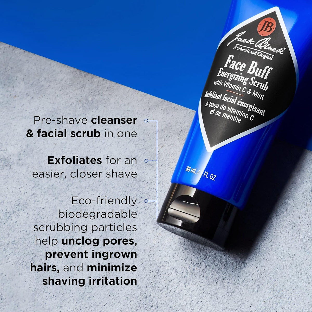 Jack Black Face Buff Energizing Scrub for a smoother, closer-feeling shave