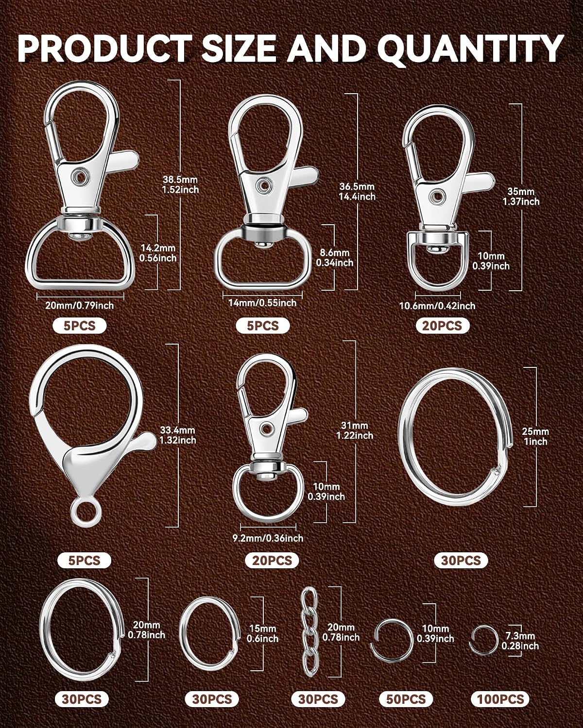 FIVEIZERO 325 Piece Silver Keychain Making Kit with Clips and Rings — alternate product view