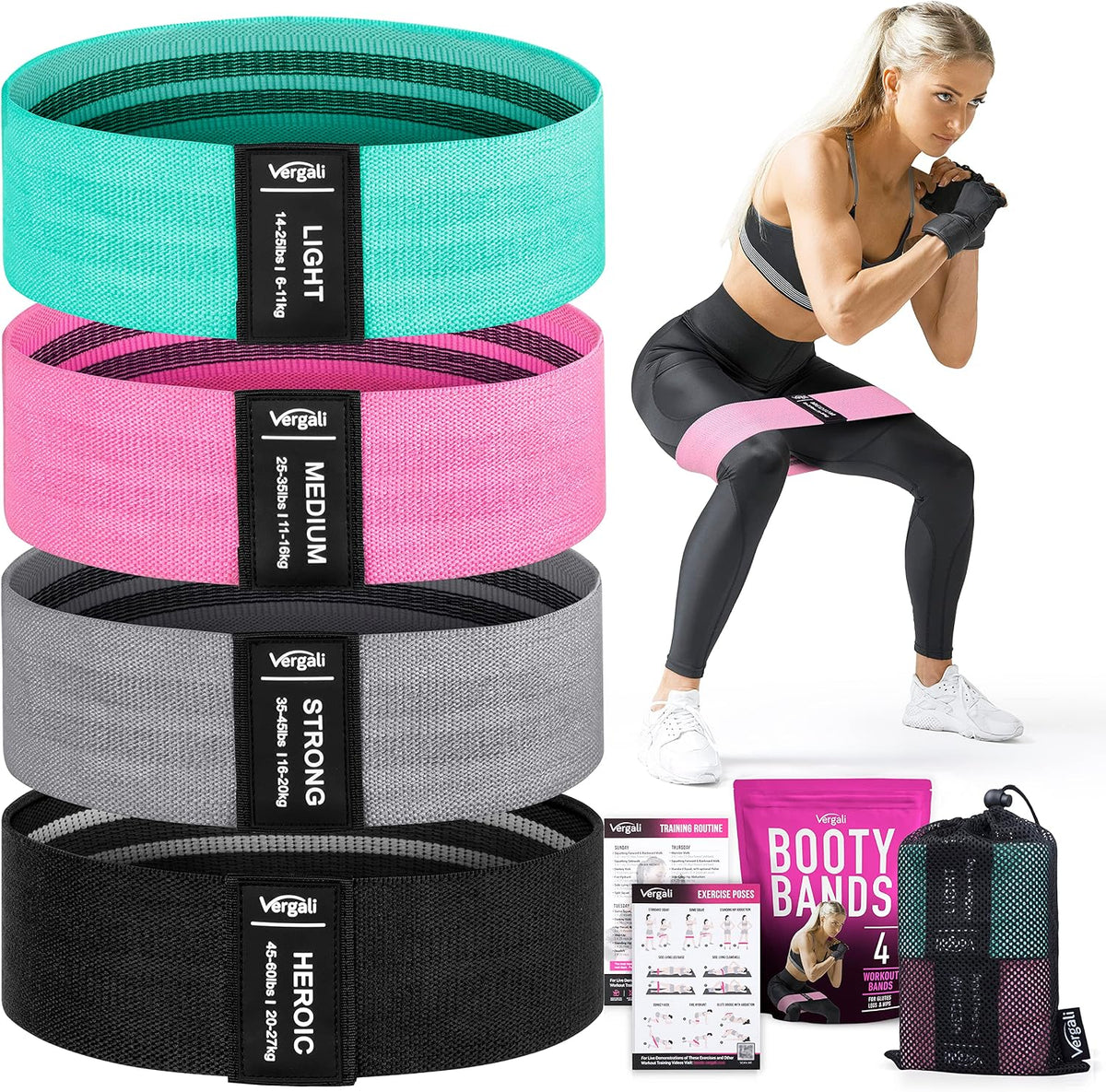 Vergali Booty Resistance Bands, Set of 4 Fabric Loops with Carry Bag and Guide