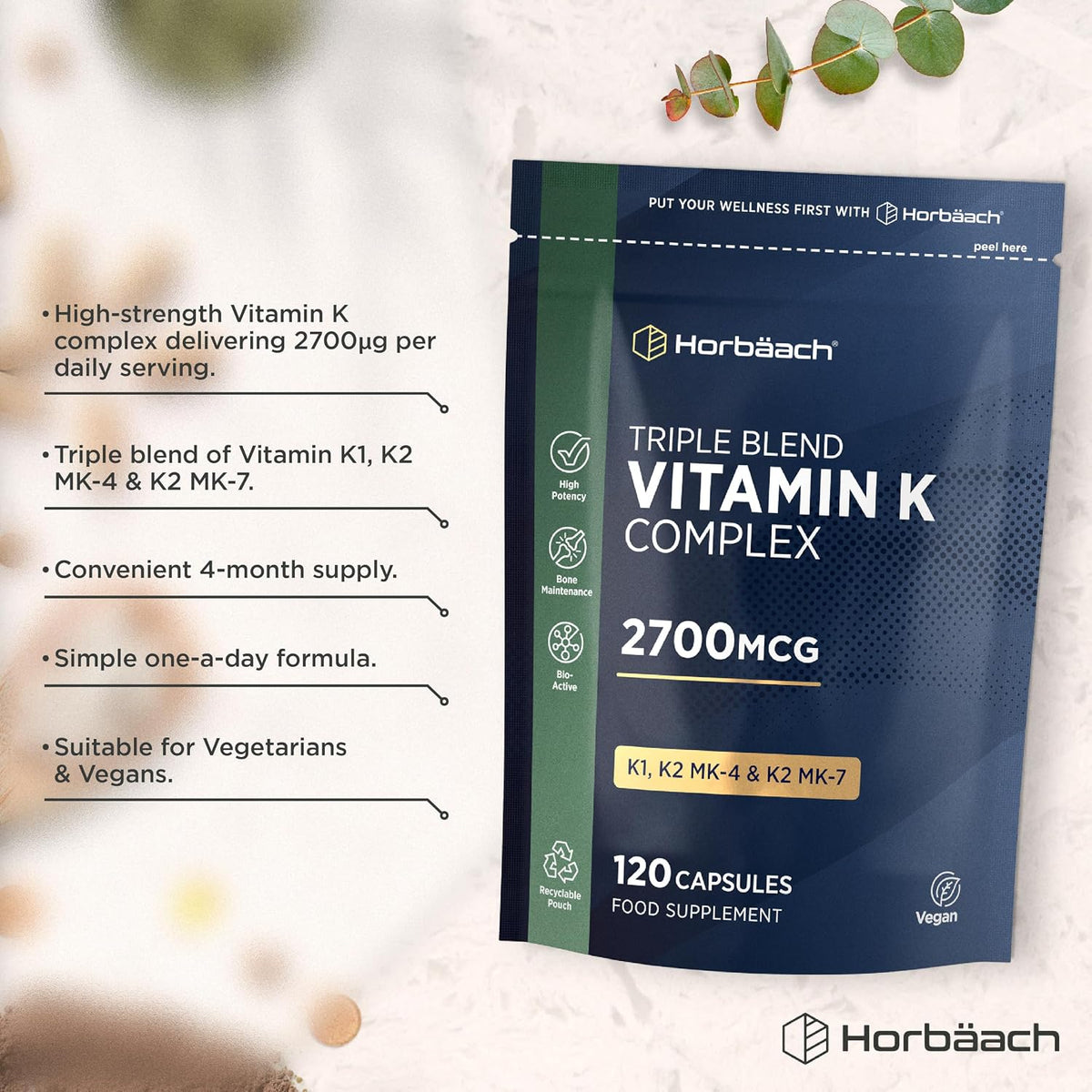 Horbaach Vitamin K Complex Capsules 2700 mcg, Vitamin K2 MK-4 + K1 - view 2