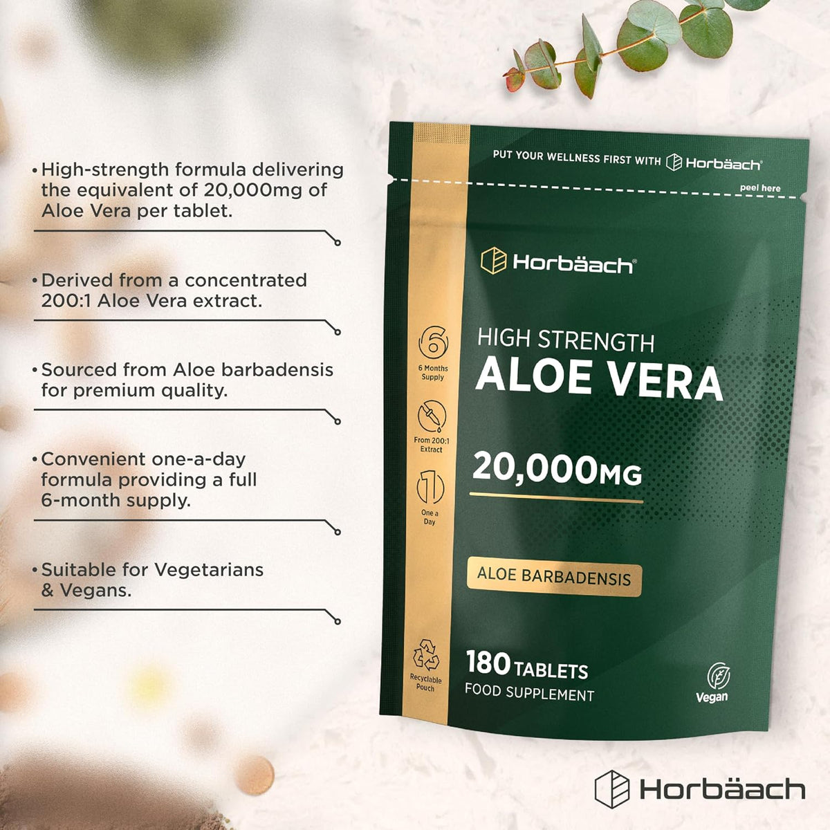 Horbaach Aloe Vera Tablets 20,000mg - 180 Count One-A-Day — alternate product view