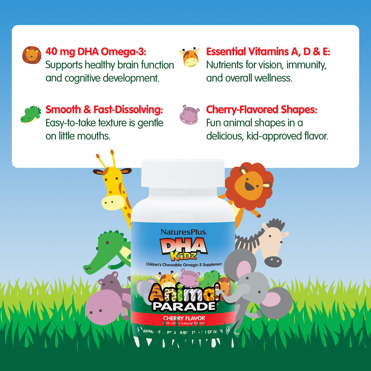 NaturesPlus Animal Parade DHA Kids Omega-3, Cherry, 90 Animal-Shaped Tablets - view 3