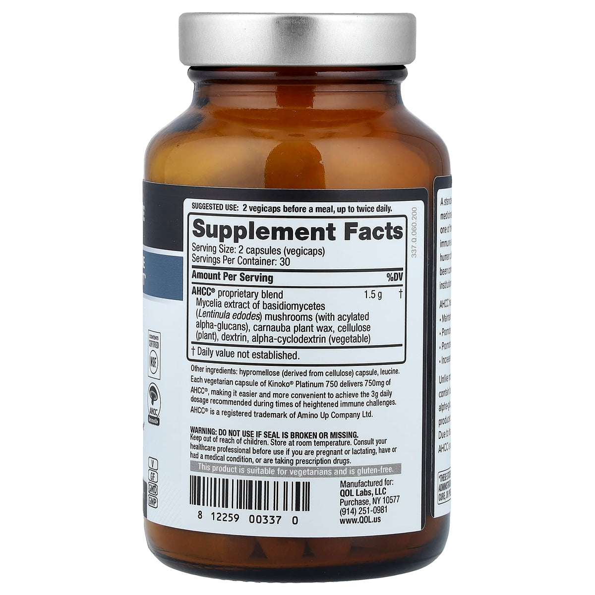 Quality of Life Kinoko Platinum AHCC, 750 mg, 60 Vegicaps - view 2
