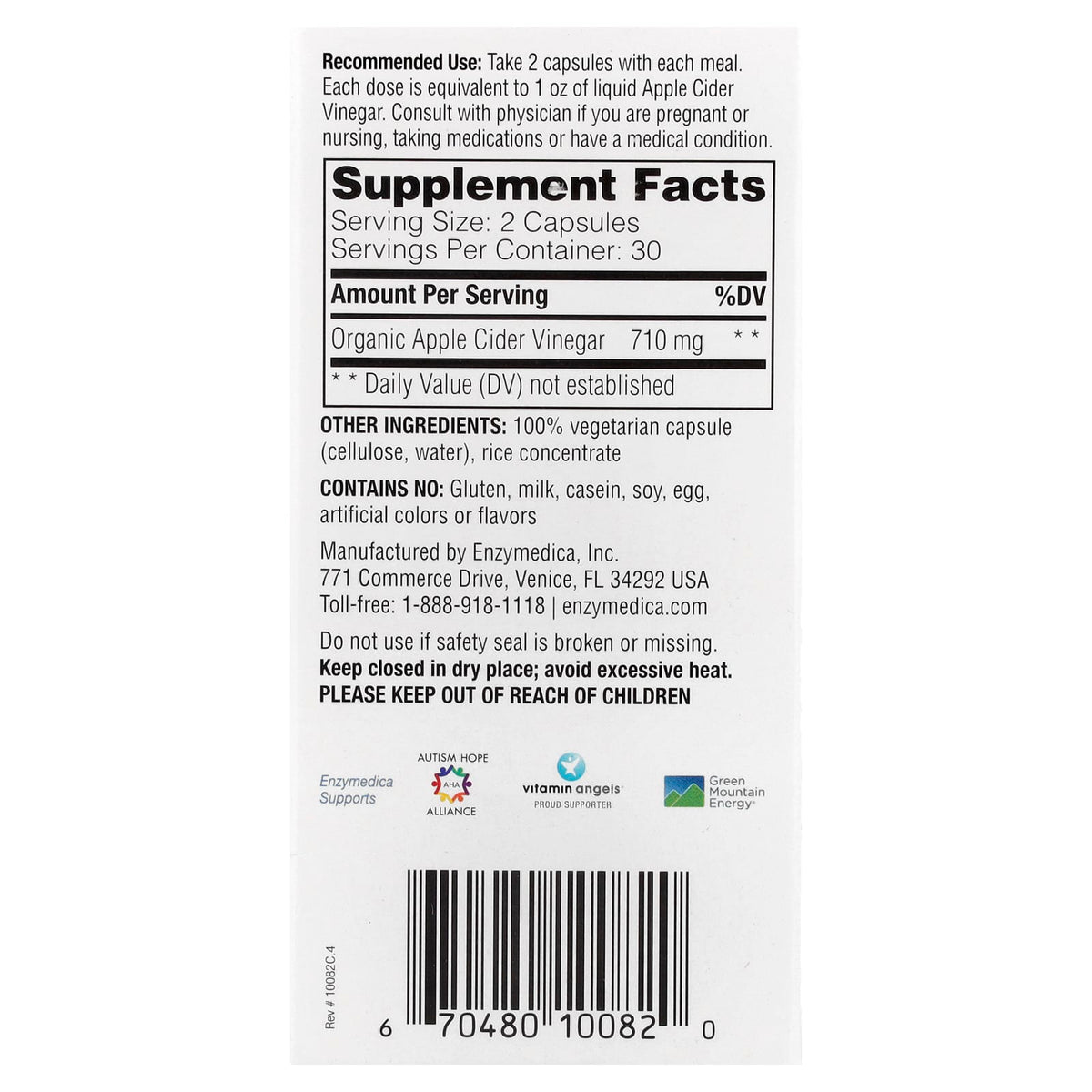Enzymedica Apple Cider Vinegar with the Mother, 60 Capsules (355 mg Each) — alternate product view