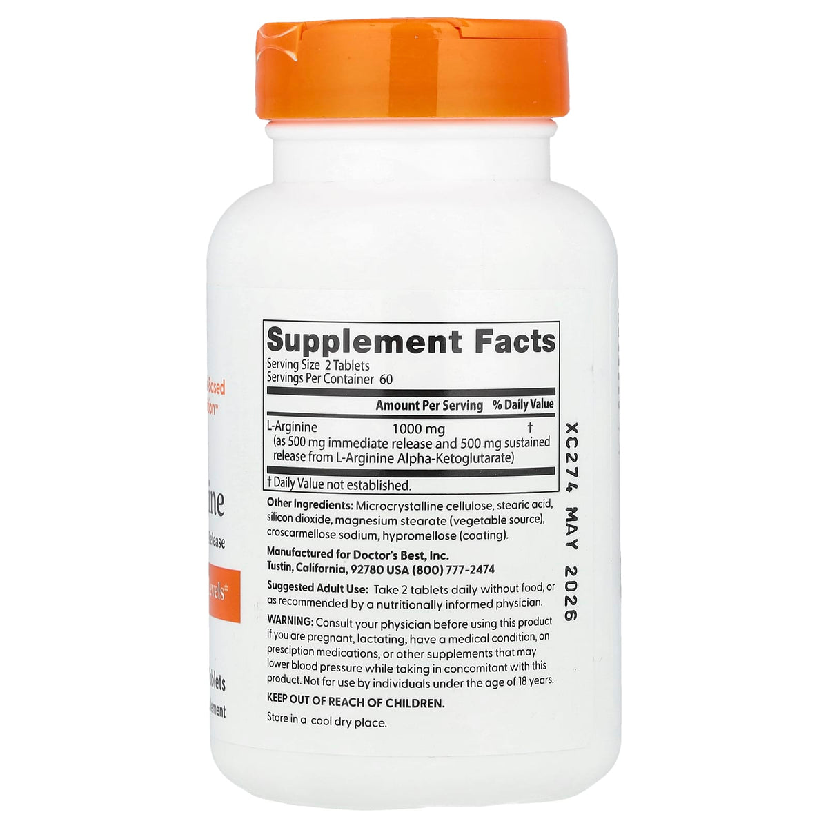 Doctor's Best L-Arginine 500 mg, 120 Bilayer Tablets - view 2