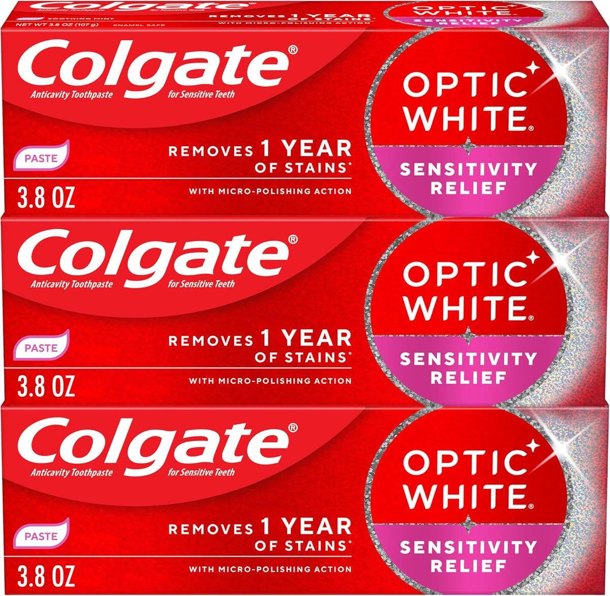 Colgate Optic White Sensitivity Relief Whitening Toothpaste 3.8 oz, Pack of 3