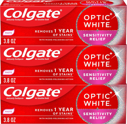 Colgate Optic White Sensitivity Relief Whitening Toothpaste 3.8 oz, Pack of 3