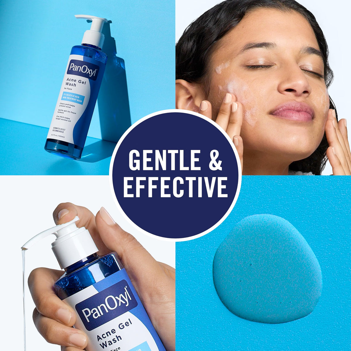 PanOxyl Acne Gel Wash - promotional image showing product, texture, and use