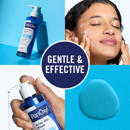 PanOxyl Acne Gel Wash - promotional image showing product, texture, and use