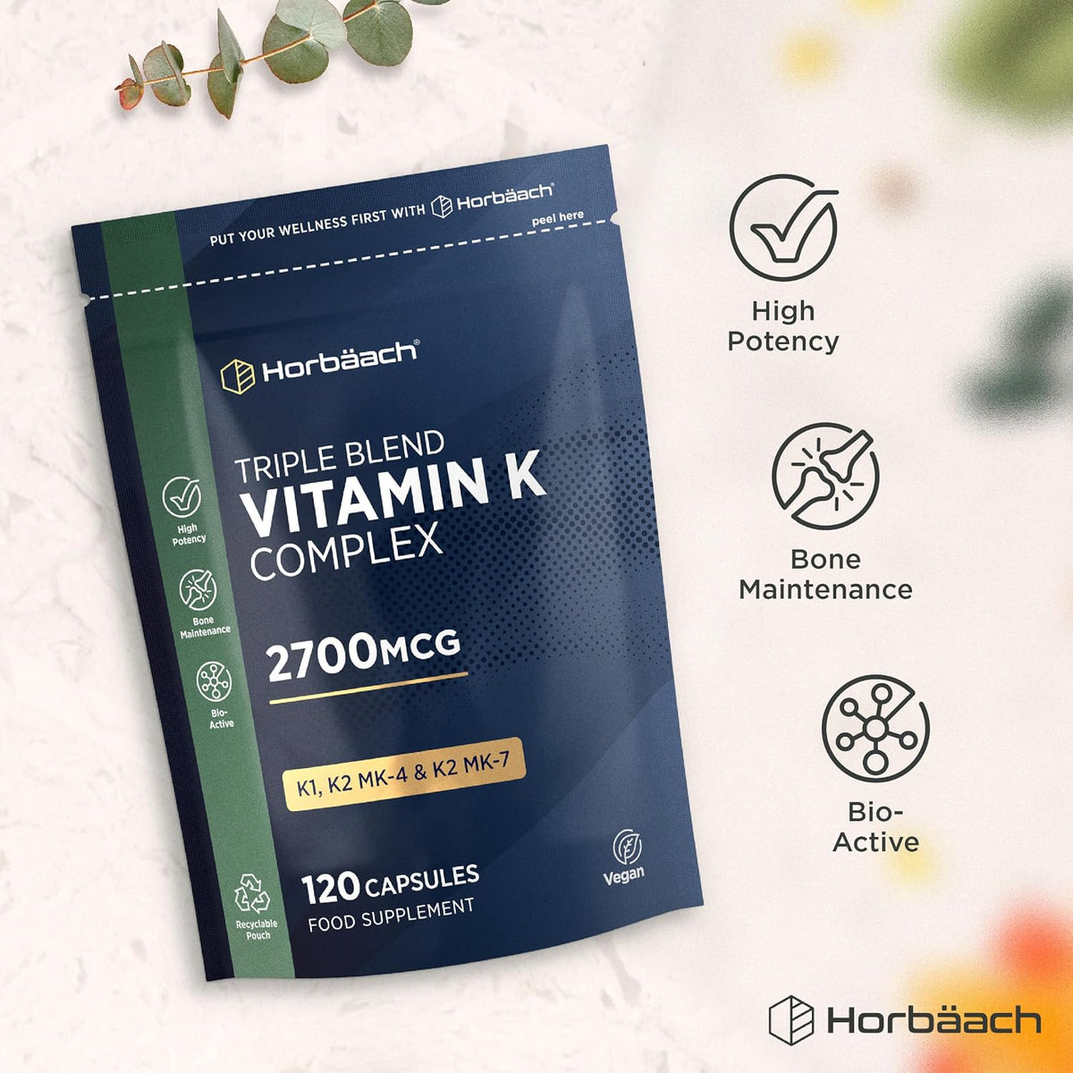 Horbaach Vitamin K Complex Capsules 2700 mcg, Vitamin K2 MK-4 + K1 - view 4