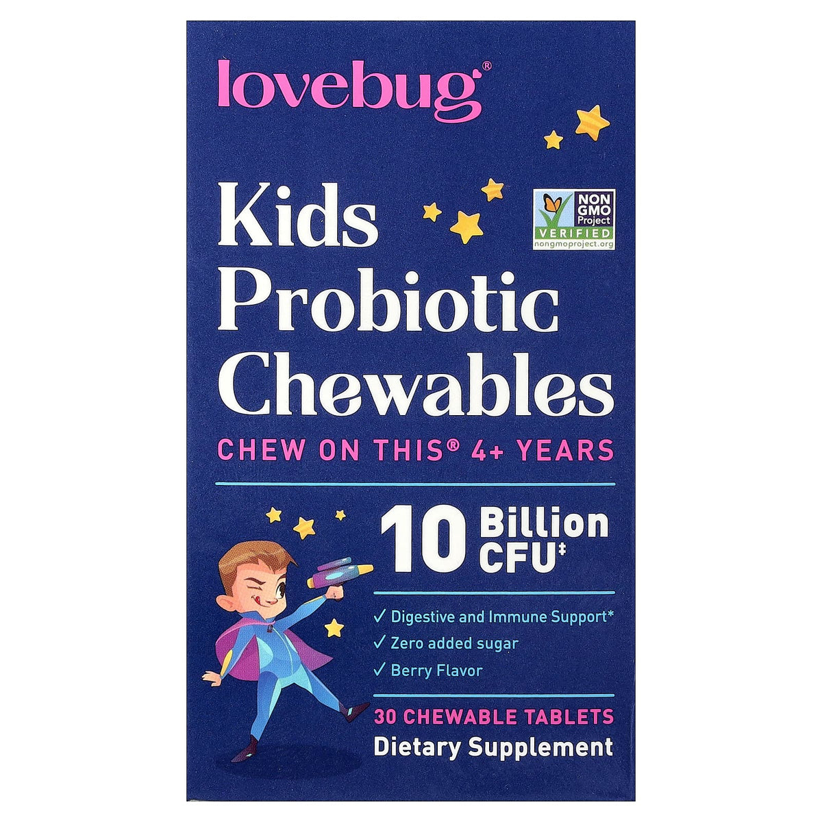 LoveBug Kids Probiotics 4+ Years, Berry, 10 Billion CFU, 30 Chewable Tablets — product view