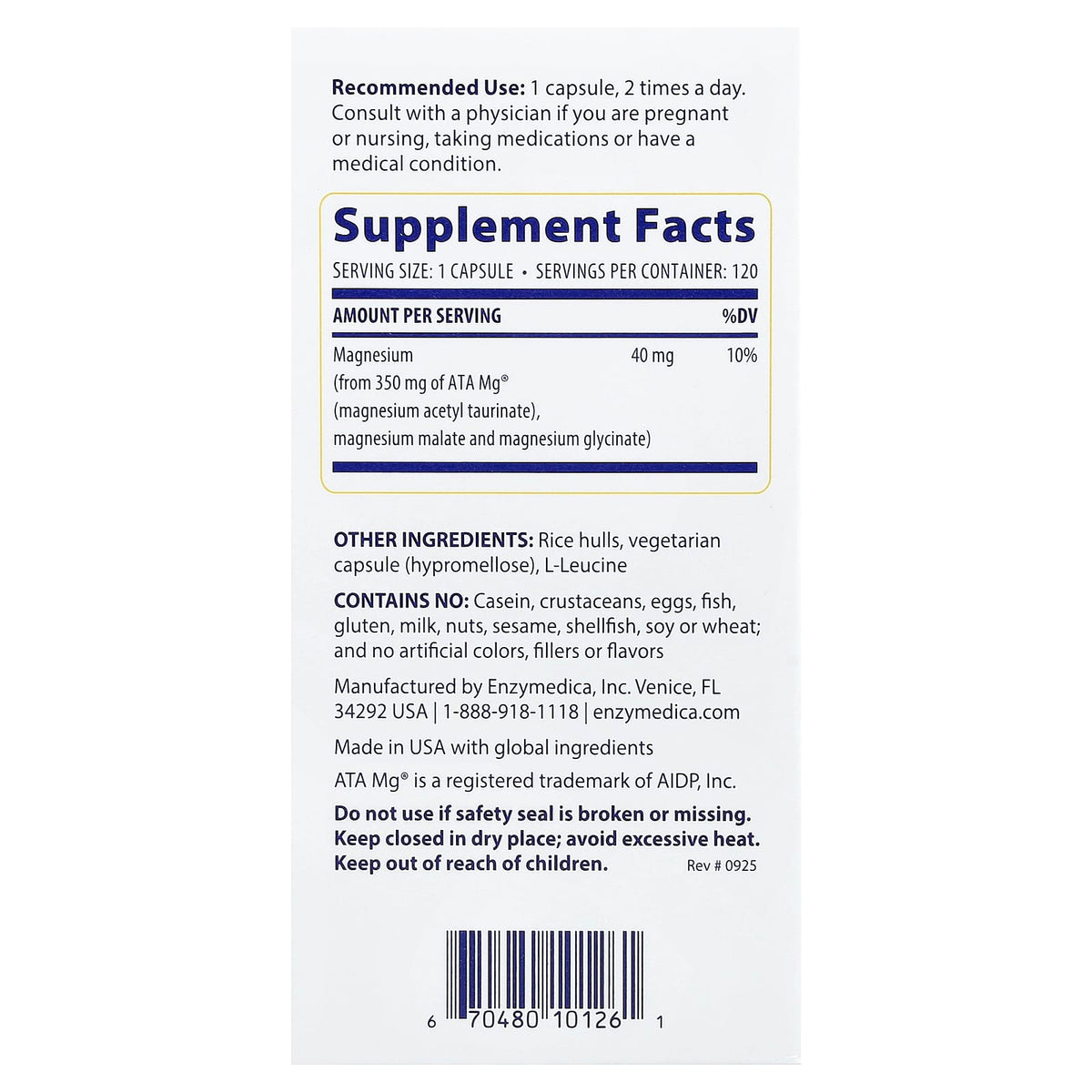 Enzymedica Magnesium Motion, 120 Capsules (40 mg per Capsule) — alternate product view