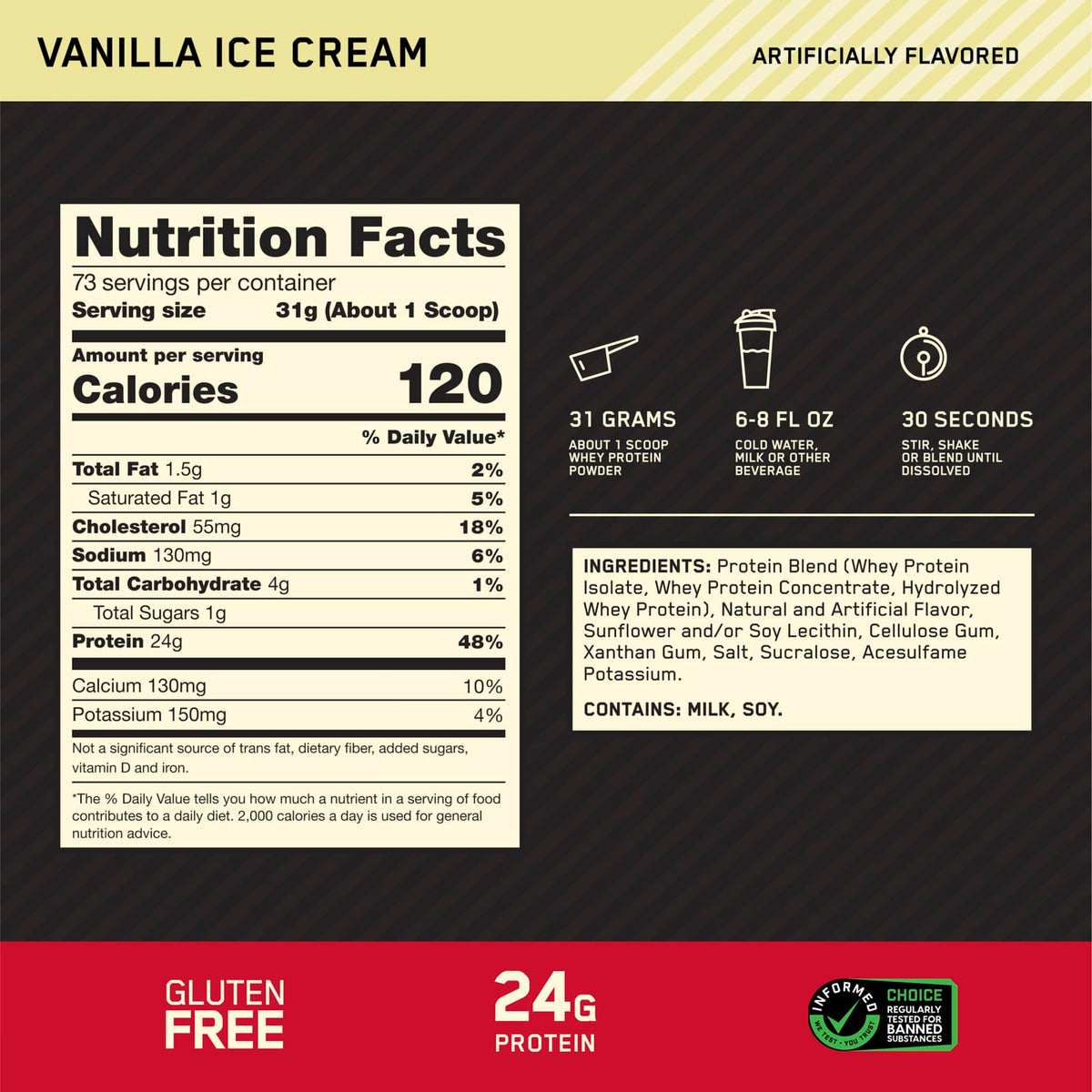 Optimum Nutrition Gold Standard 100% Whey, Vanilla Ice Cream, 2.26 kg (5 lb) - view 3