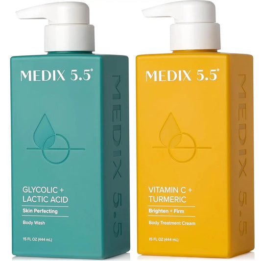 MEDIX 5.5 Exfoliating AHA Glycolic Acid Face & Body Scrub Cleanser + Vitamin C Moisturizing Body Cream Lotion Skin Care 2PC Set | Alpha Hydroxy Acid & Lactic Acid Foaming Body Wash & Face Wash, 2-PC