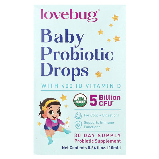 LoveBug Probiotics Baby Probiotic Drops with Vitamin D, 10 ml (0.34 fl oz)