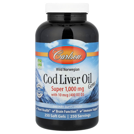 Carlson Wild Norwegian Cod Liver Oil Gems 1,000 mg, 250 Soft Gels